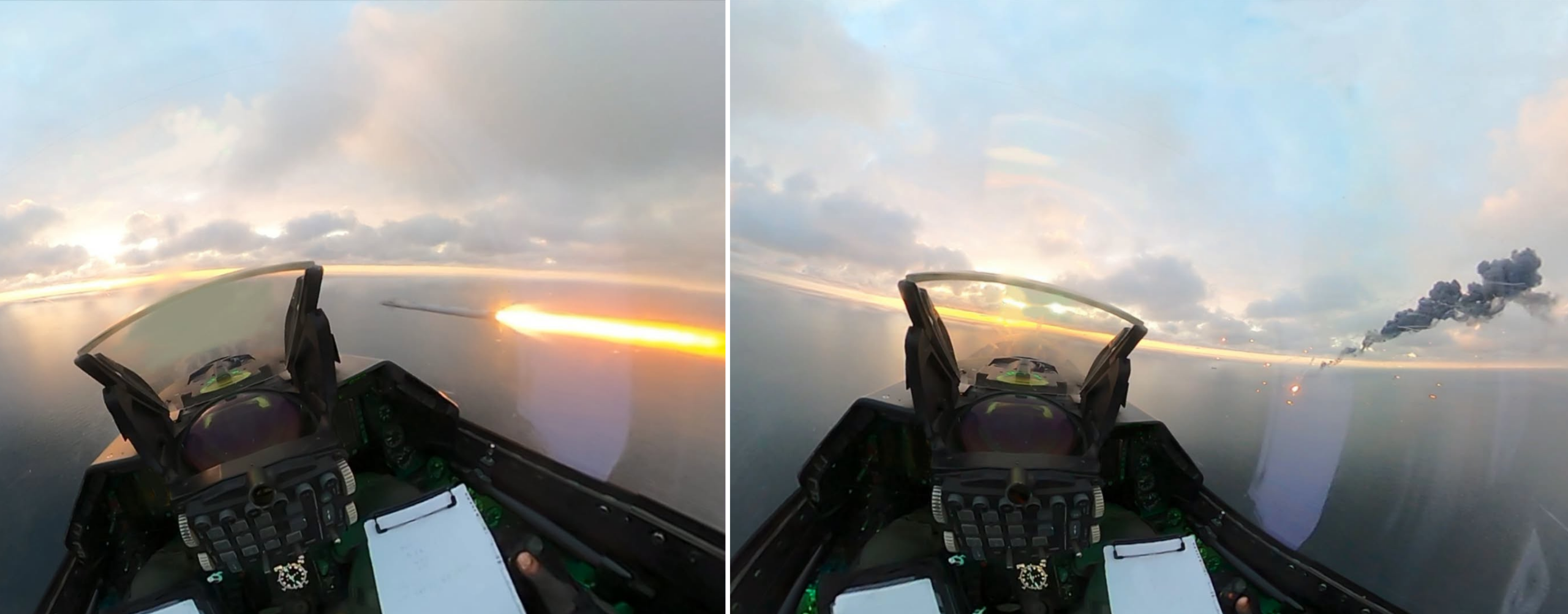 Armata Română a publicat imagini din timpul misiunilor de sâmbătă, în care două aeronave F-16 românești au interceptat și doborât două drone (aparate rusești cu reacție) deasupra Mării Negre, lângă Sulina. - Biziday